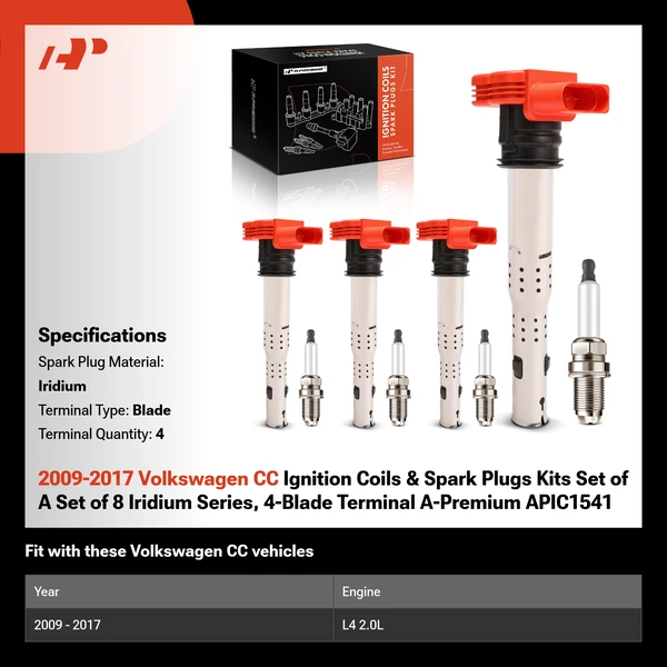 2009-2017 Volkswagen CC Ignition Coils & Spark Plugs Kits Set of A Set of 8 Iridium Series, 4-Blade Terminal A-Premium APIC1541