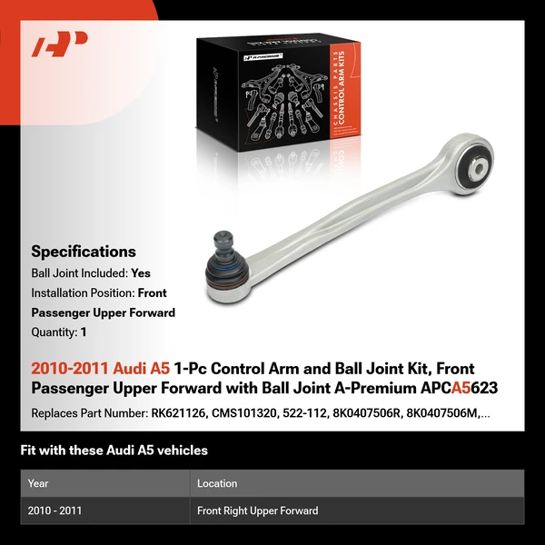 2010-2011 Audi A5 1-Pc Control Arm and Ball Joint Kit, Front Passenger Upper Forward with Ball Joint A-Premium APCA5623