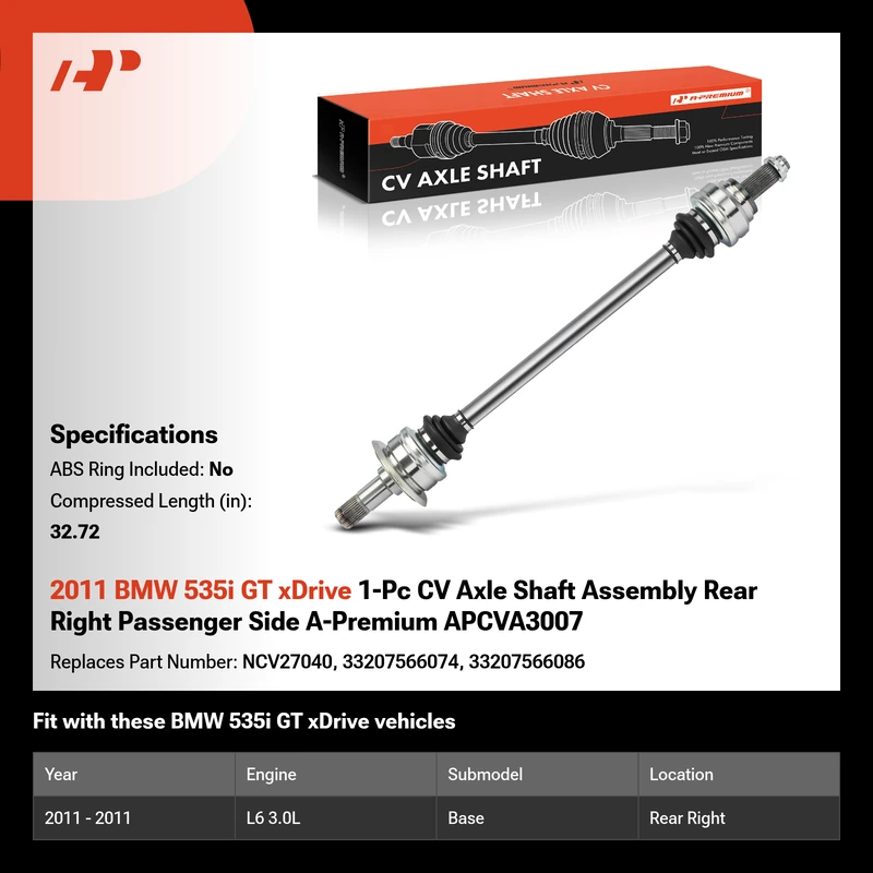 2011 BMW 535i GT xDrive 1-Pc CV Axle Shaft Assembly Rear Right Passenger Side A-Premium APCVA3007