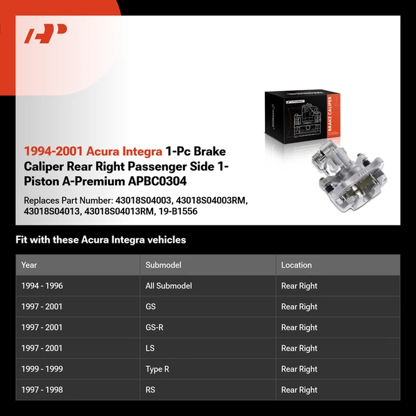 1994-2001 Acura Integra 1-Pc Brake Caliper Rear Right Passenger Side 1-Piston A-Premium APBC0304