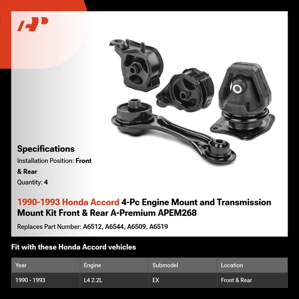 1990-1993 Honda Accord 4-Pc Engine Mount and Transmission Mount Kit Front & Rear A-Premium APEM268