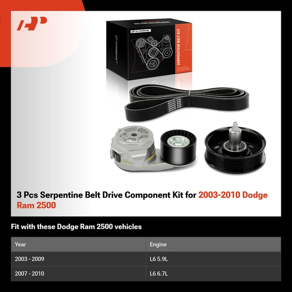 3 Pcs Serpentine Belt Drive Component Kit for 2003-2010 Dodge Ram 2500