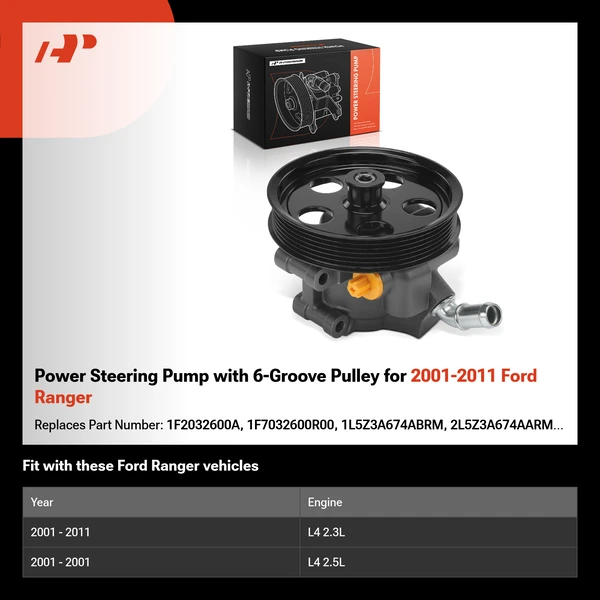 Power Steering Pump with 6-Groove Pulley for 2001-2011 Ford Ranger
