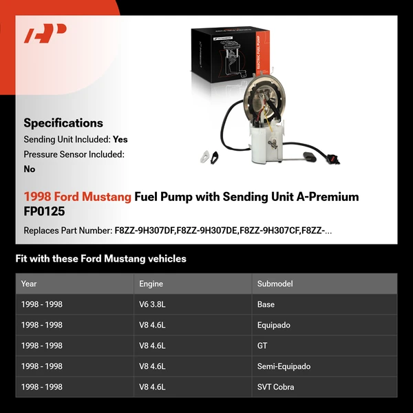 1998 Ford Mustang Fuel Pump with Sending Unit A-Premium FP0125