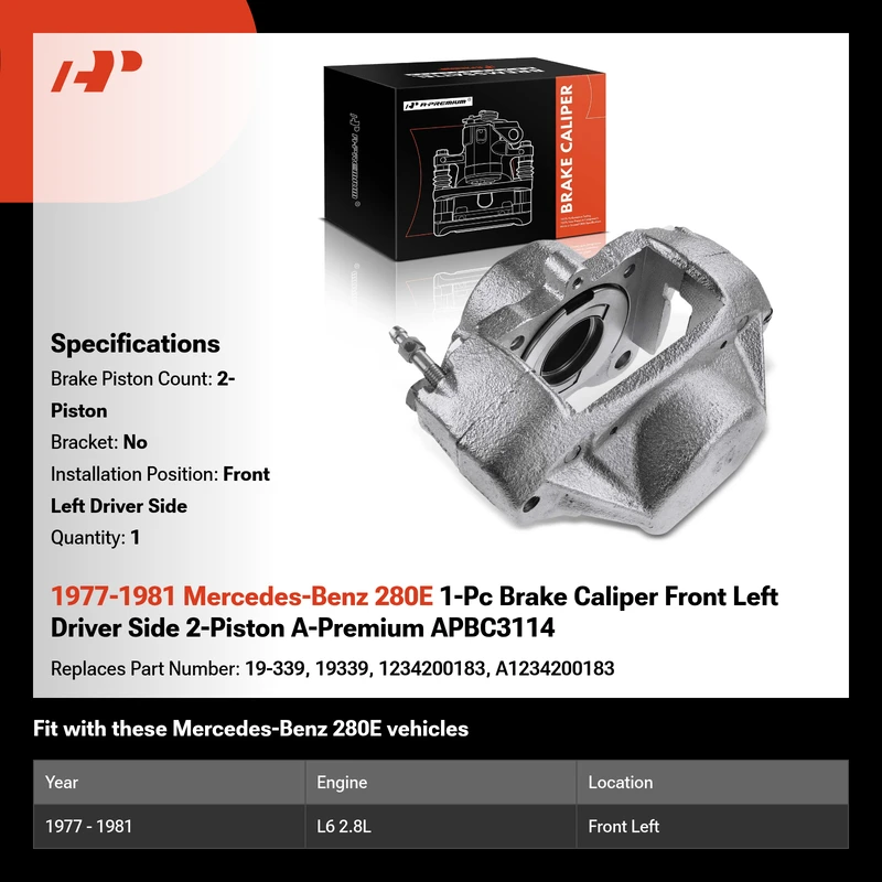 1977-1981 Mercedes-Benz 280E 1-Pc Brake Caliper Front Left Driver Side 2-Piston A-Premium APBC3114