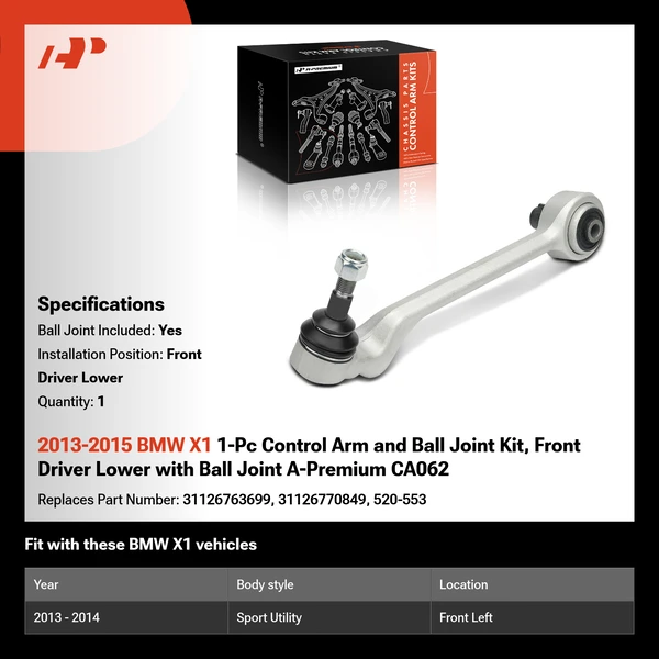 2013-2015 BMW X1 1-Pc Control Arm and Ball Joint Kit, Front Driver Lower with Ball Joint A-Premium CA062