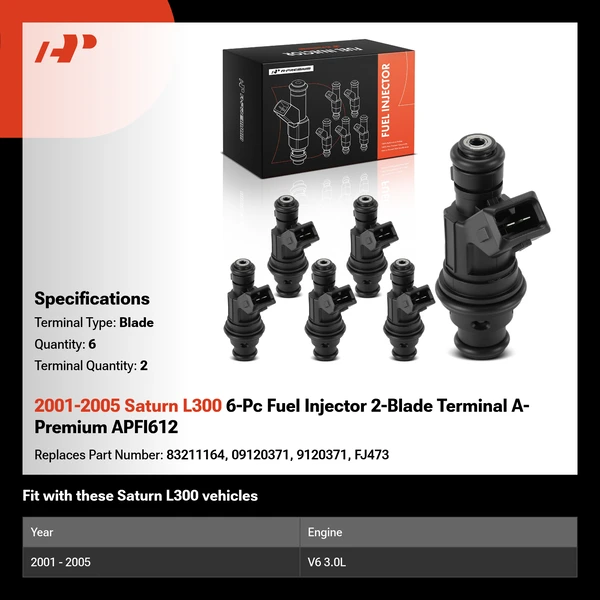 2001-2005 Saturn L300 6-Pc Fuel Injector 2-Blade Terminal A-Premium APFI612