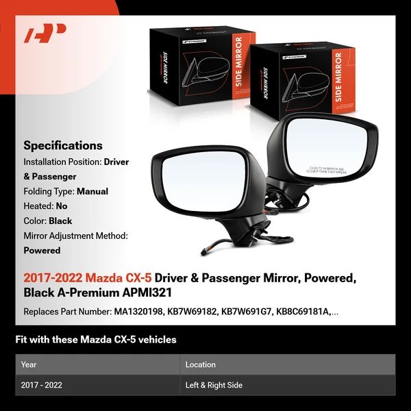 2017-2022 Mazda CX-5 Driver & Passenger Mirror, Powered, Black A-Premium APMI321