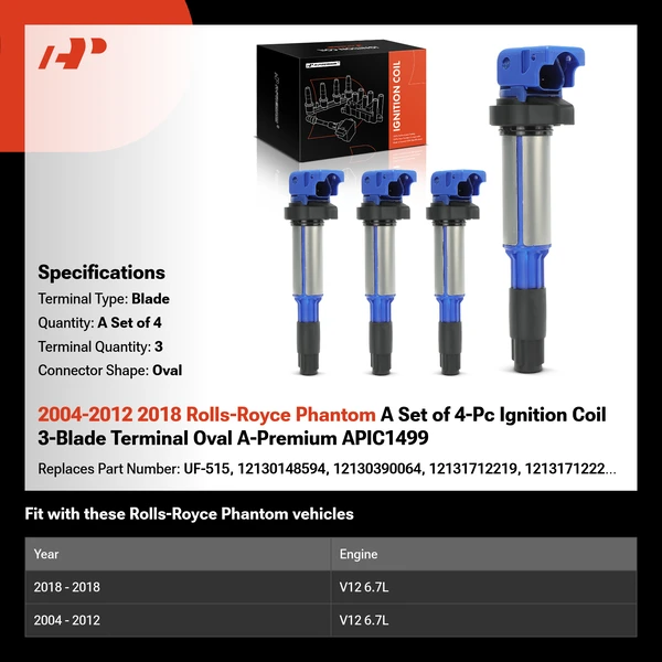 2004-2012 2018 Rolls-Royce Phantom A Set of 4-Pc Ignition Coil 3-Blade Terminal Oval A-Premium APIC1499