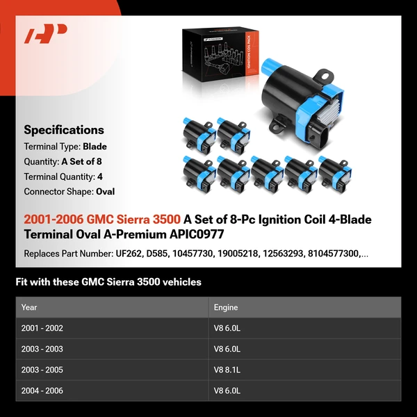 2001-2006 GMC Sierra 3500 A Set of 8-Pc Ignition Coil 4-Blade Terminal Oval A-Premium APIC0977