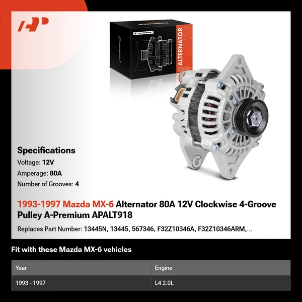 1993-1997 Mazda MX-6 Alternator 80A 12V Clockwise 4-Groove Pulley A-Premium APALT918