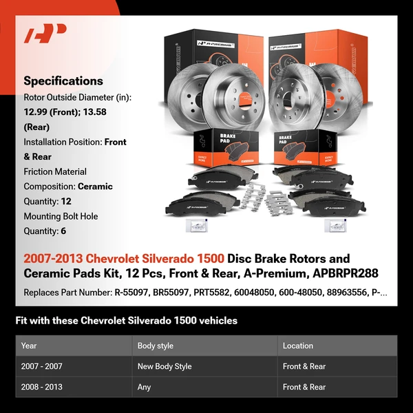 2007-2013 Chevrolet Silverado 1500 Disc Brake Rotors and Ceramic Pads Kit, 12 Pcs, Front & Rear, A-Premium, APBRPR288