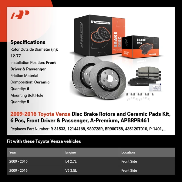 2009-2016 Toyota Venza Disc Brake Rotors and Ceramic Pads Kit, 6 Pcs, Front Driver & Passenger, A-Premium, APBRPR461