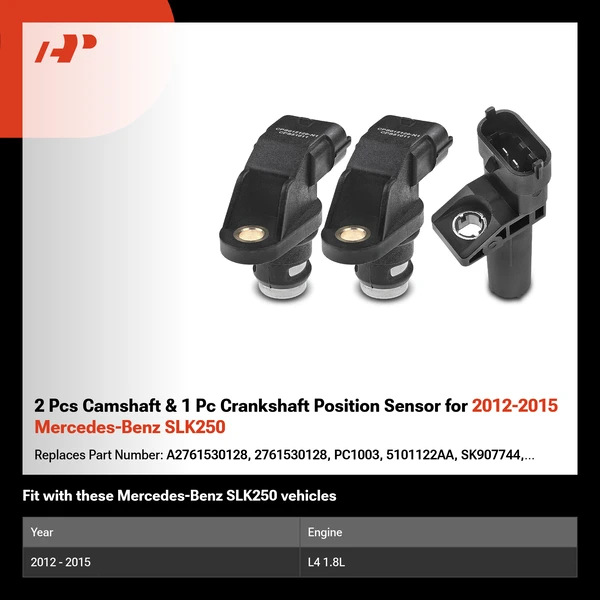 2 Pcs Camshaft & 1 Pc Crankshaft Position Sensor for 2012-2015 Mercedes-Benz SLK250