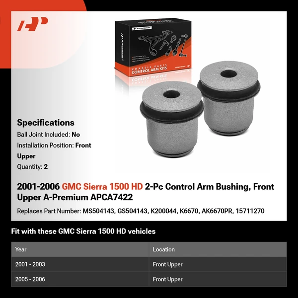 2001-2006 GMC Sierra 1500 HD 2-Pc Control Arm Bushing, Front Upper A-Premium APCA7422