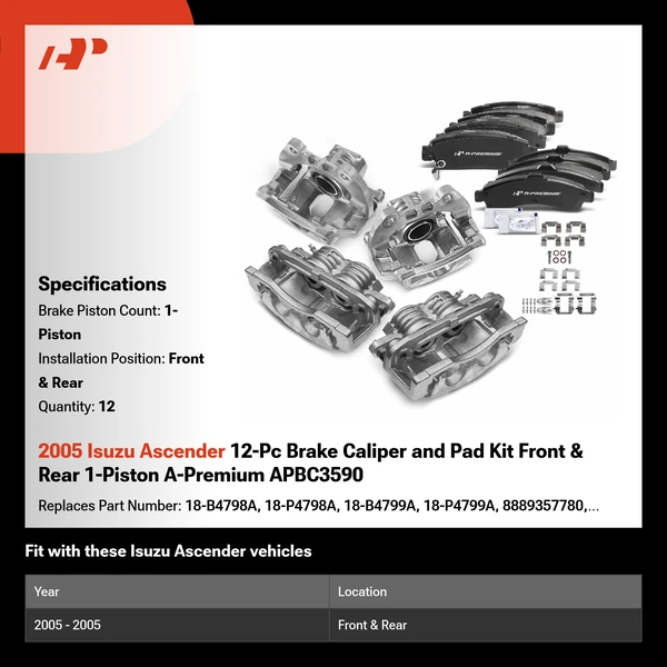 2005 Isuzu Ascender 12-Pc Brake Caliper and Pad Kit Front & Rear 1-Piston A-Premium APBC3590
