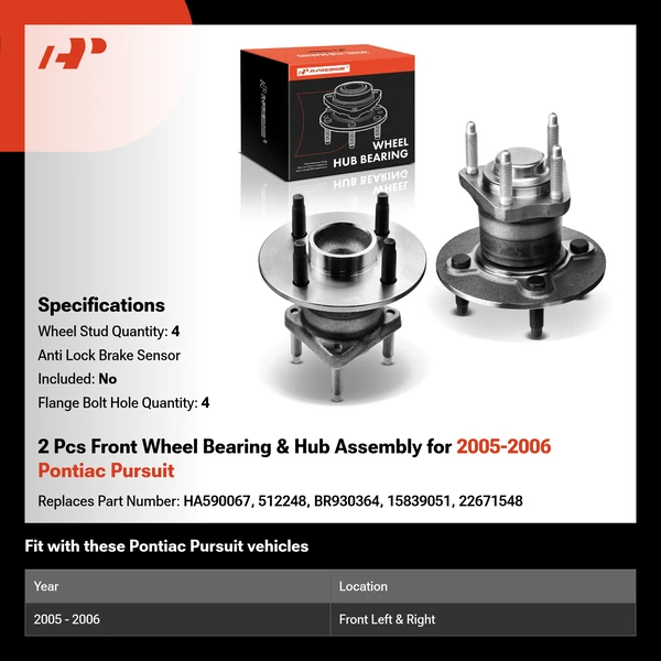 2 Pcs Front Wheel Bearing & Hub Assembly for 2005-2006 Pontiac Pursuit