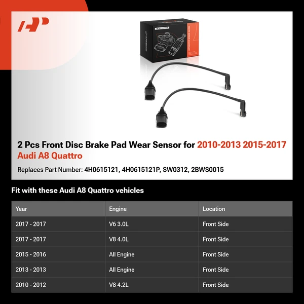 2 Pcs Front Disc Brake Pad Wear Sensor for 2010-2013 2015-2017 Audi A8 Quattro