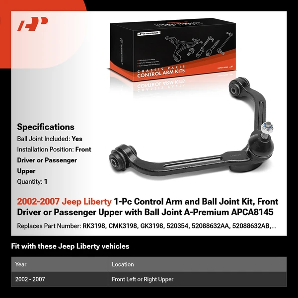 2002-2007 Jeep Liberty 1-Pc Control Arm and Ball Joint Kit, Front Driver or Passenger Upper with Ball Joint A-Premium APCA8145