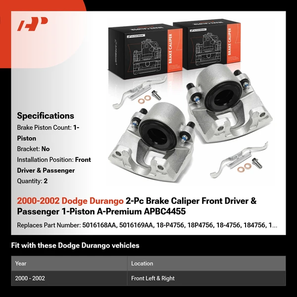 2000-2002 Dodge Durango 2-Pc Brake Caliper Front Driver & Passenger 1-Piston A-Premium APBC4455