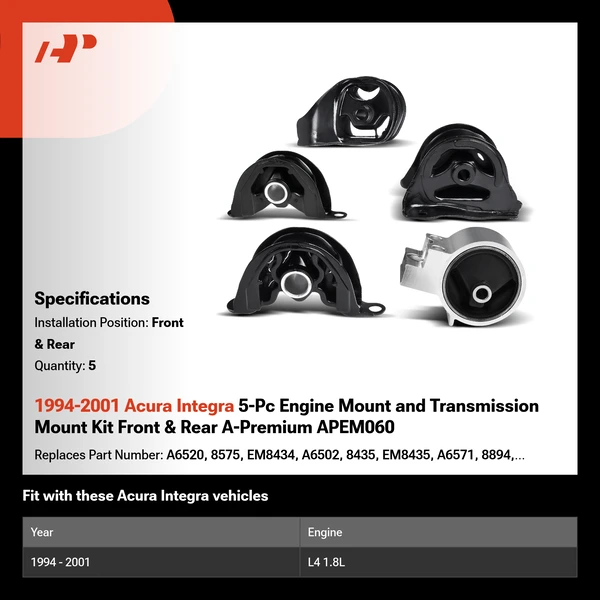 1994-2001 Acura Integra 5-Pc Engine Mount and Transmission Mount Kit Front & Rear A-Premium APEM060