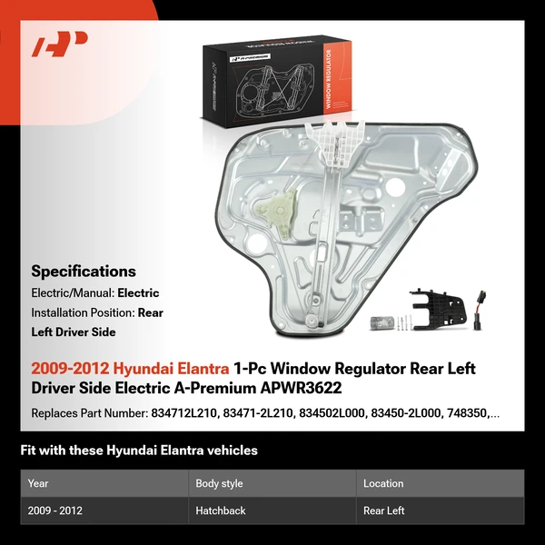 2009-2012 Hyundai Elantra 1-Pc Window Regulator Rear Left Driver Side Electric A-Premium APWR3622