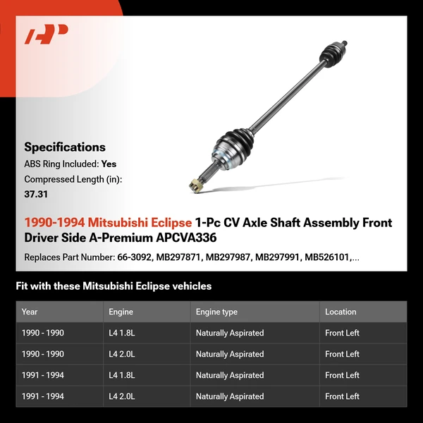 1990-1994 Mitsubishi Eclipse 1-Pc CV Axle Shaft Assembly Front Driver Side A-Premium APCVA336
