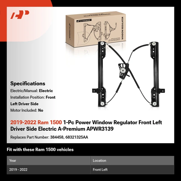 2019-2022 Ram 1500 1-Pc Power Window Regulator Front Left Driver Side Electric A-Premium APWR3139