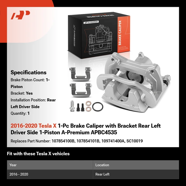 2016-2020 Tesla X 1-Pc Brake Caliper with Bracket Rear Left Driver Side 1-Piston A-Premium APBC4535