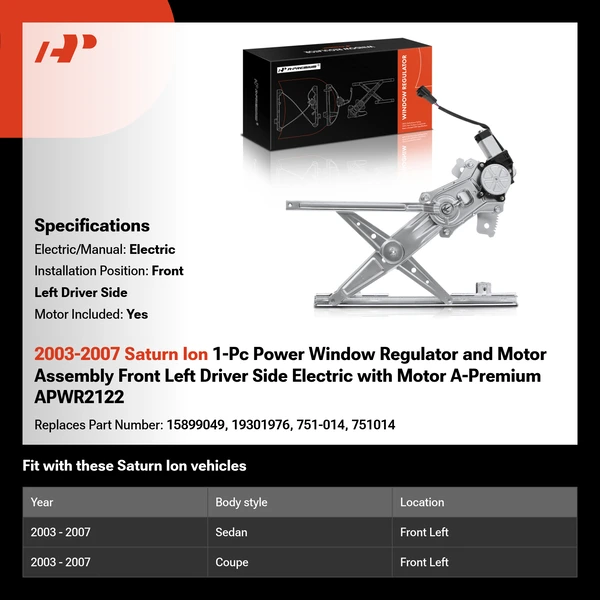 2003-2007 Saturn Ion 1-Pc Power Window Regulator and Motor Assembly Front Left Driver Side Electric with Motor A-Premium APWR2122