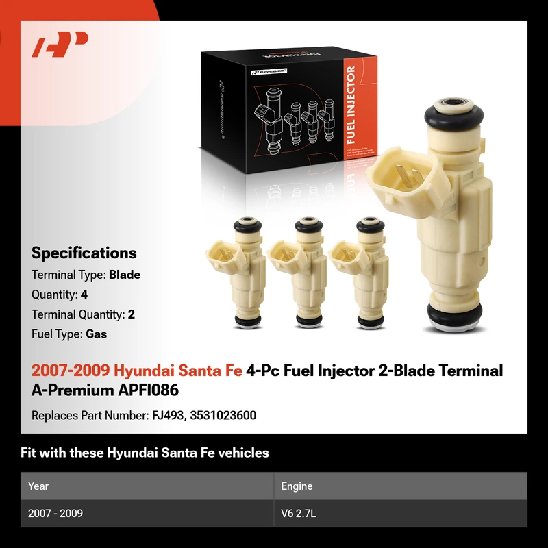 2007-2009 Hyundai Santa Fe 4-Pc Fuel Injector 2-Blade Terminal A-Premium APFI086