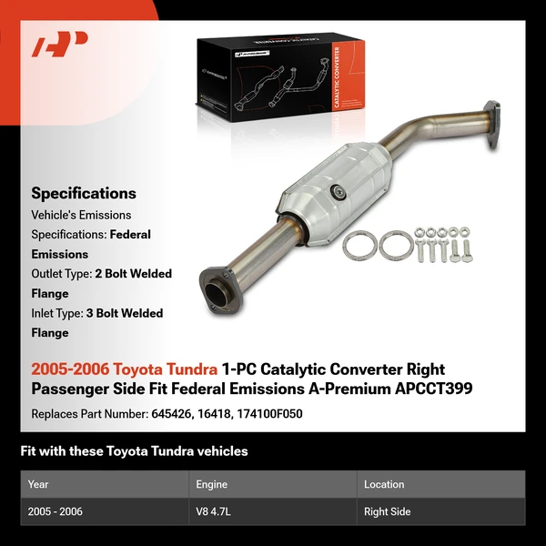 2005-2006 Toyota Tundra 1-PC Catalytic Converter Right Passenger Side Fit Federal Emissions A-Premium APCCT399