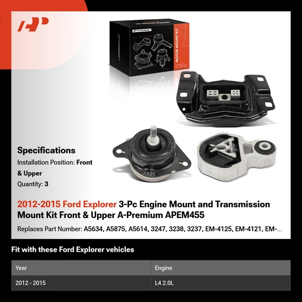 2012-2015 Ford Explorer 3-Pc Engine Mount and Transmission Mount Kit Front & Upper A-Premium APEM455
