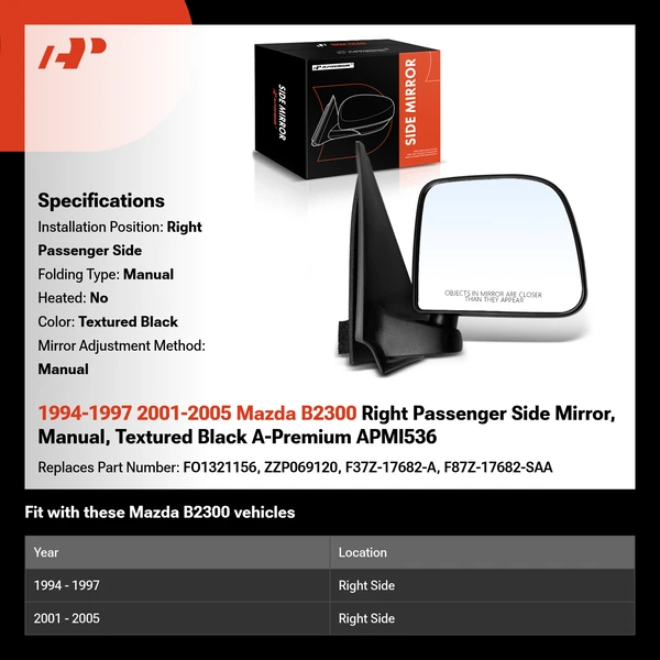 1994-1997 2001-2005 Mazda B2300 Right Passenger Side Mirror, Manual, Textured Black A-Premium APMI536