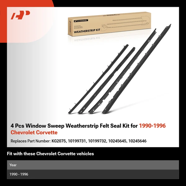 4 Pcs Window Sweep Weatherstrip Felt Seal Kit for 1990-1996 Chevrolet Corvette