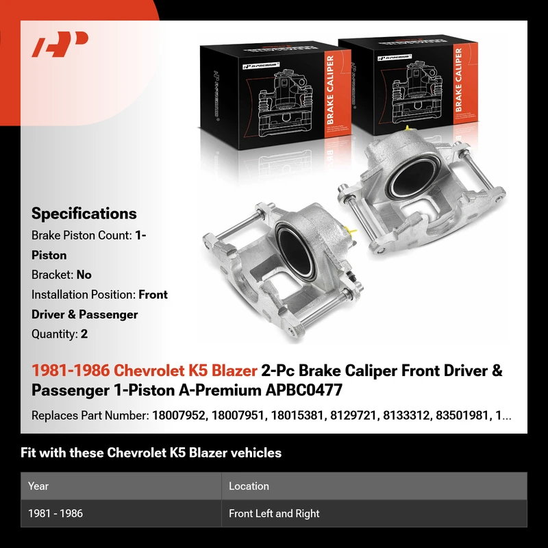 1981-1986 Chevrolet K5 Blazer 2-Pc Brake Caliper Front Driver & Passenger 1-Piston A-Premium APBC0477