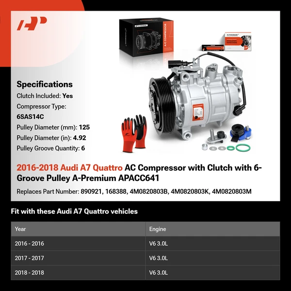 2016-2018 Audi A7 Quattro AC Compressor with Clutch with 6-Groove Pulley A-Premium APACC641