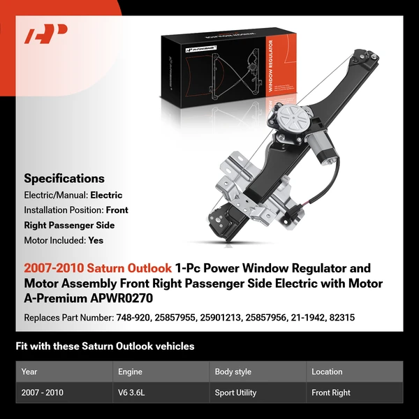 2007-2010 Saturn Outlook 1-Pc Power Window Regulator and Motor Assembly Front Right Passenger Side Electric with Motor A-Premium APWR0270
