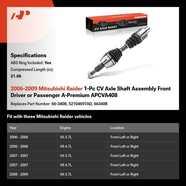2006-2009 Mitsubishi Raider 1-Pc CV Axle Shaft Assembly Front Driver or Passenger A-Premium APCVA408
