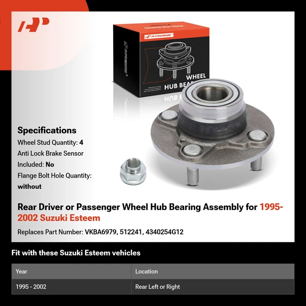 Rear Driver or Passenger Wheel Hub Bearing Assembly for 1995-2002 Suzuki Esteem