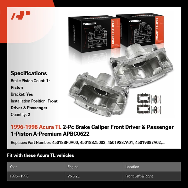 1996-1998 Acura TL 2-Pc Brake Caliper Front Driver & Passenger 1-Piston A-Premium APBC0622