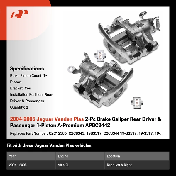 2004-2005 Jaguar Vanden Plas 2-Pc Brake Caliper Rear Driver & Passenger 1-Piston A-Premium APBC2442