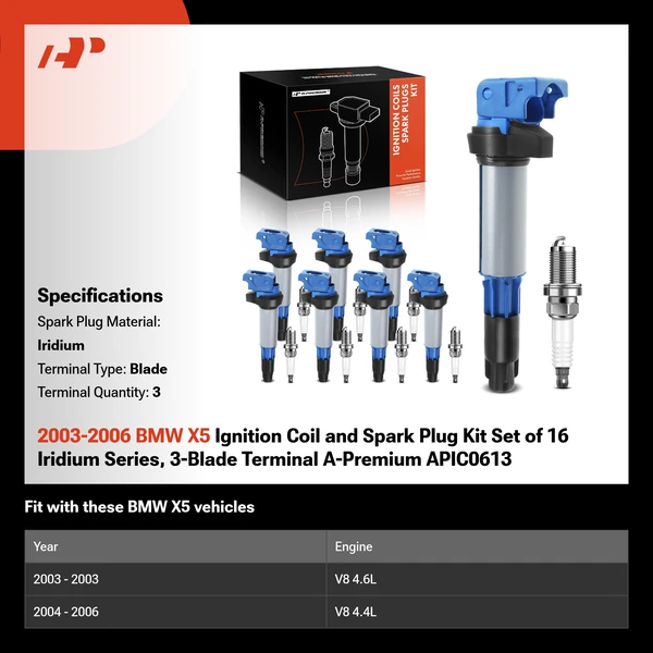 2003-2006 BMW X5 Ignition Coil and Spark Plug Kit Set of 16 Iridium Series, 3-Blade Terminal A-Premium APIC0613