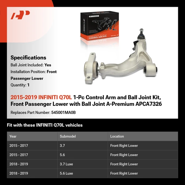 2015-2019 INFINITI Q70L 1-Pc Control Arm and Ball Joint Kit, Front Passenger Lower with Ball Joint A-Premium APCA7326