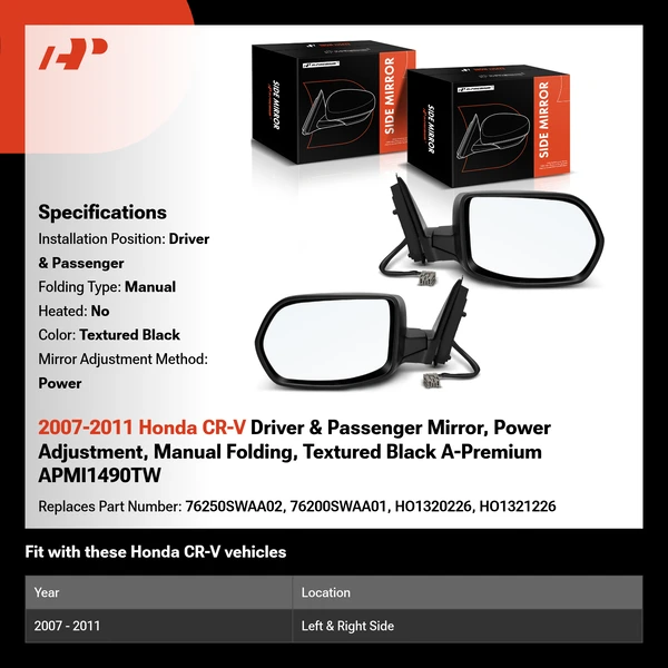 2007-2011 Honda CR-V Driver & Passenger Mirror, Power Adjustment, Manual Folding, Textured Black A-Premium APMI1490TW