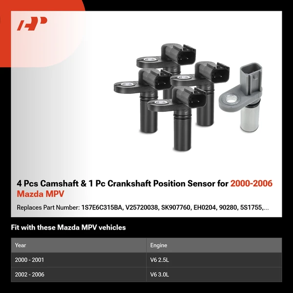 4 Pcs Camshaft & 1 Pc Crankshaft Position Sensor for 2000-2006 Mazda MPV