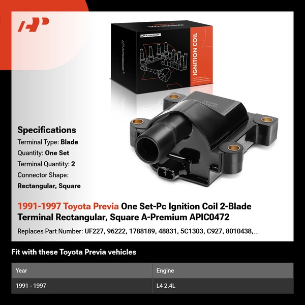 1991-1997 Toyota Previa One Set-Pc Ignition Coil 2-Blade Terminal Rectangular, Square A-Premium APIC0472