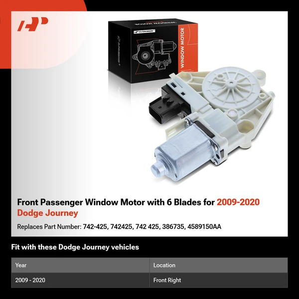 Front Passenger Window Motor with 6 Blades for 2009-2020 Dodge Journey