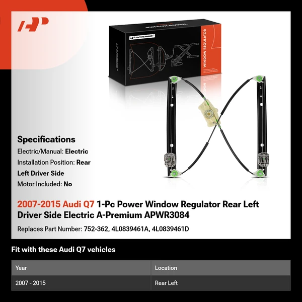 2007-2015 Audi Q7 1-Pc Power Window Regulator Rear Left Driver Side Electric A-Premium APWR3084