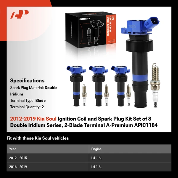 2012-2019 Kia Soul Ignition Coil and Spark Plug Kit Set of 8 Double Iridium Series, 2-Blade Terminal A-Premium APIC1184